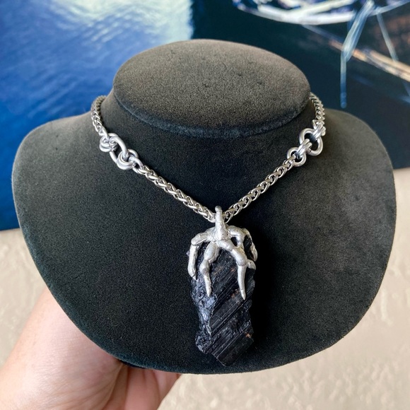 Black raw natural tourmaline gemstone electroplated charm steel boho necklace . - Picture 2 of 12